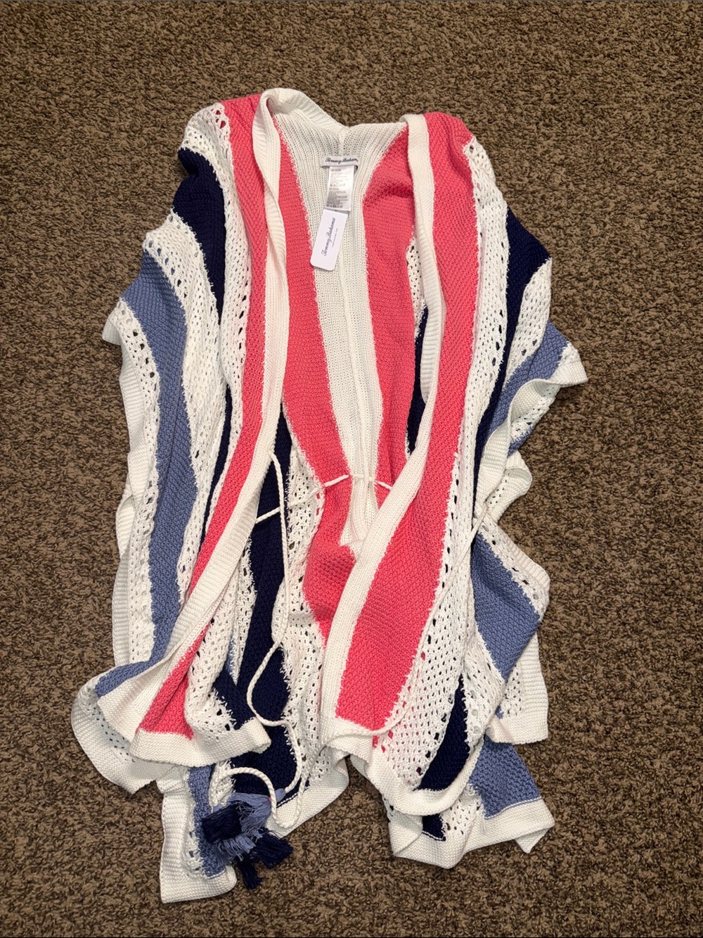Tommy Bahama Striped Open-Knit Poncho - Pink, Navy & White